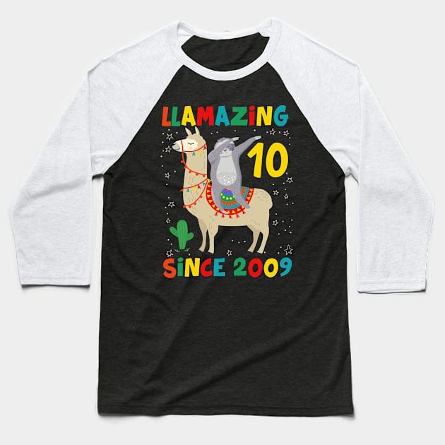 10 Years Old 10th Birthday Sloth Riding Llama Girls Baseball T-Shirt by folidelarts